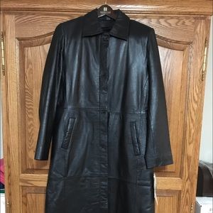 Full length black leather trench coat